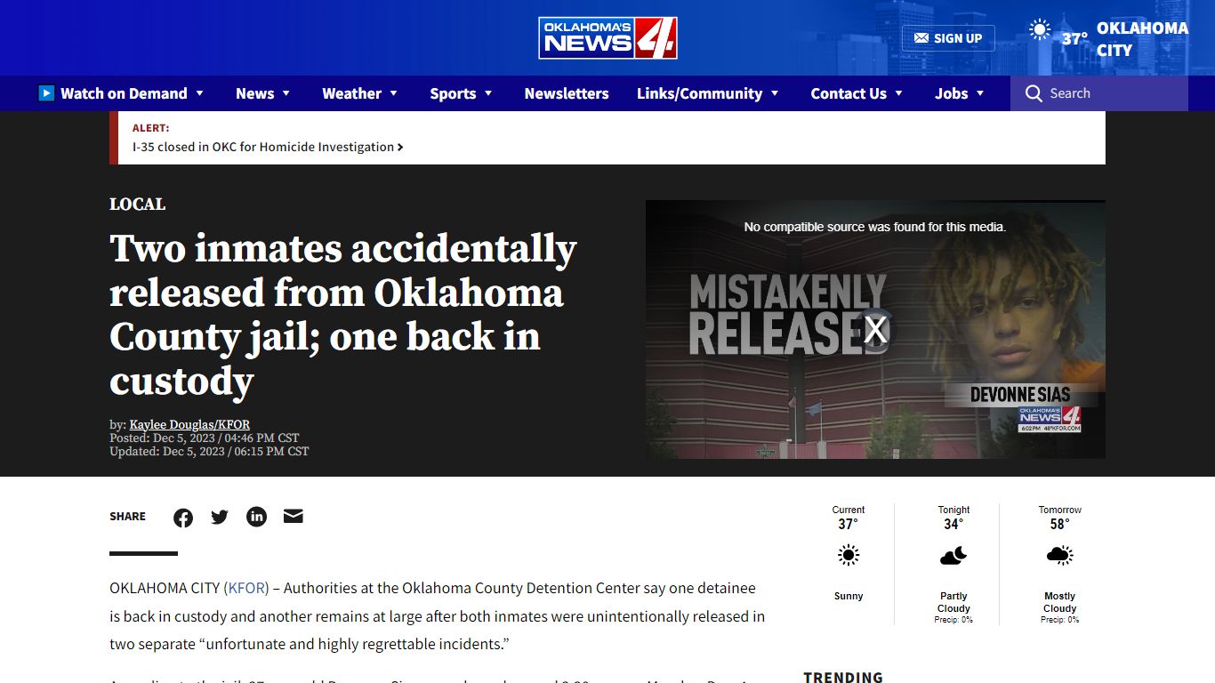 Two inmates accidentally released from Oklahoma County jail; one back ...